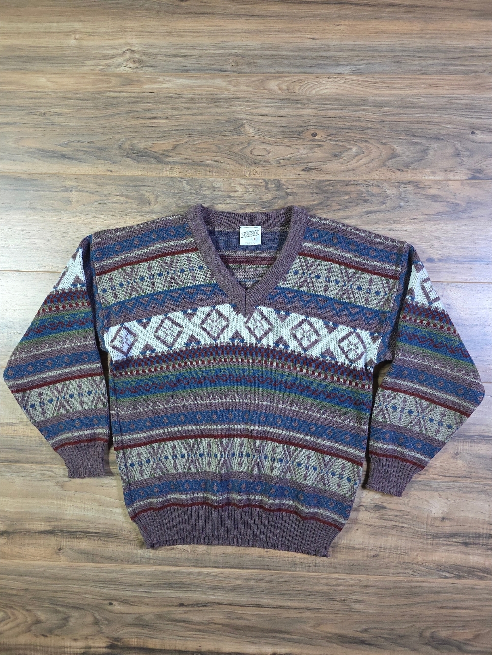 Vintage Made in UK Fair Isle Sweater L Purple V-Neck Knit Grandpacore Retro